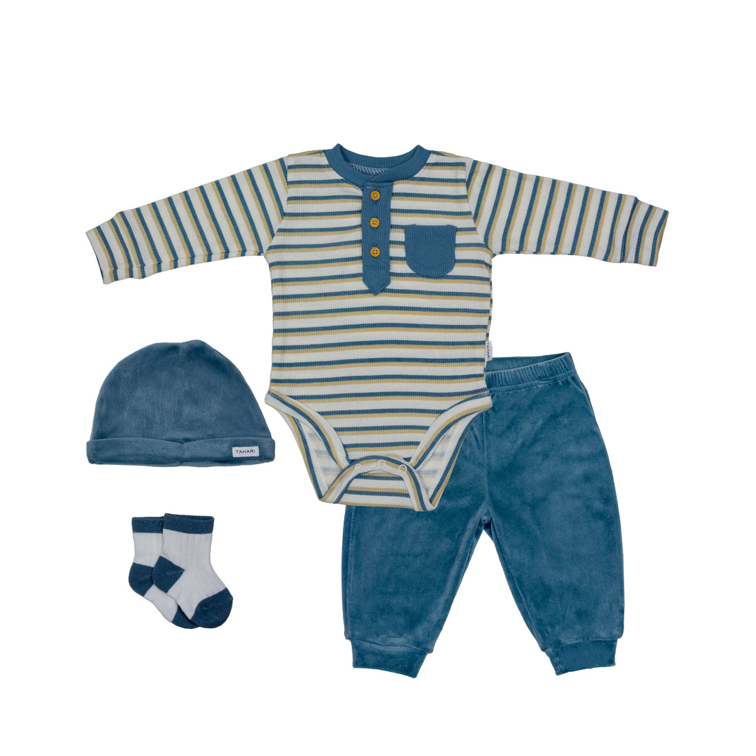 Baby wearing 4 piece light blue velvet set for boys, soft and stylish baby outfit