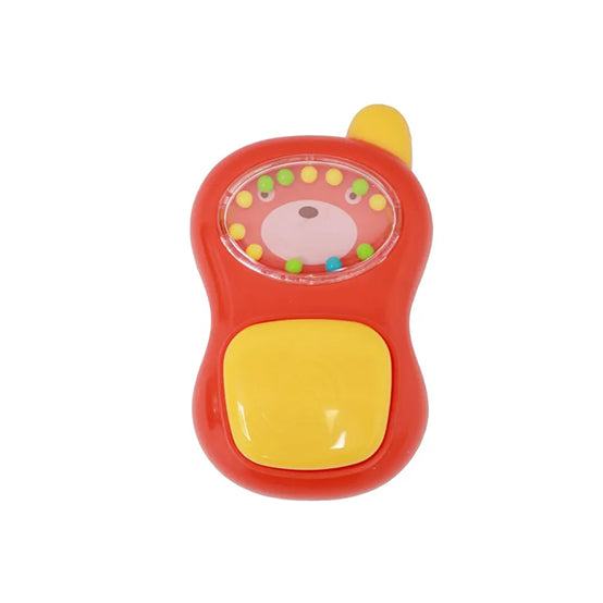 Brightly colored baby teether rattle toy with sensory features for newborns.