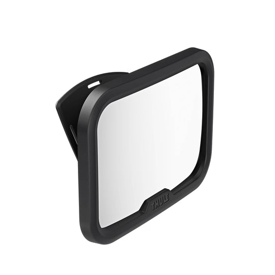 Thule Car Seat Baby Mirror attached to car headrest showing wide-angle view of rear-facing baby seat