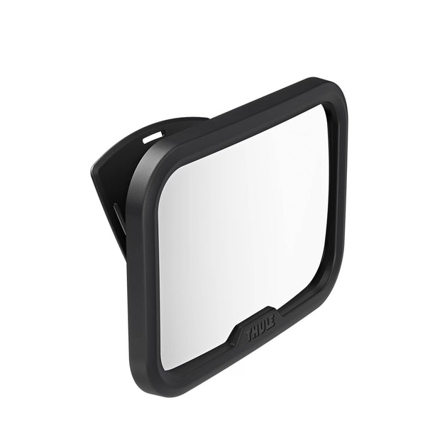 Thule Car Seat Baby Mirror attached to car headrest showing wide-angle view of rear-facing baby seat