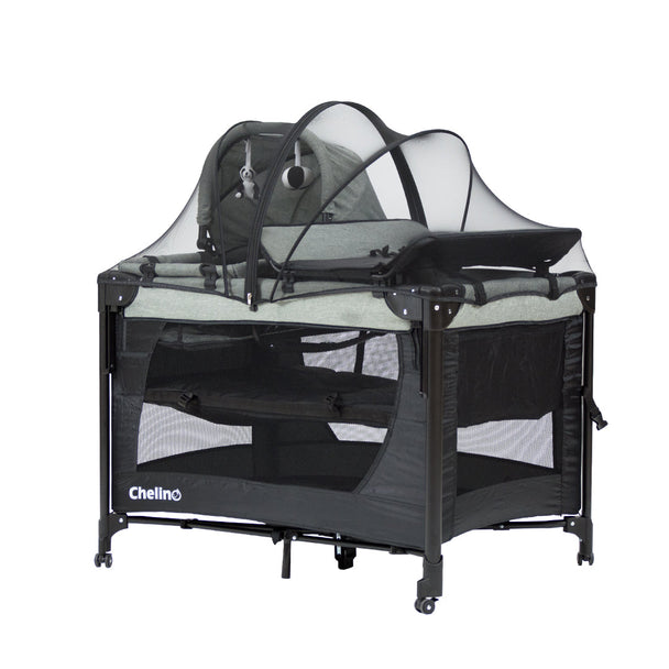 Chelino Tiffany Lux II co-sleeper camp cot with mesh canopy and black frame for infants and toddlers