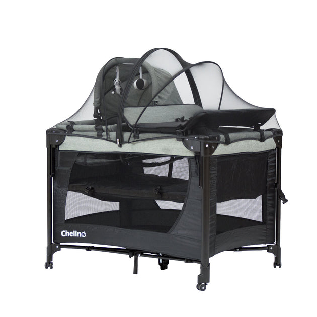 Chelino Tiffany Lux II co-sleeper camp cot with mesh canopy and black frame for infants and toddlers