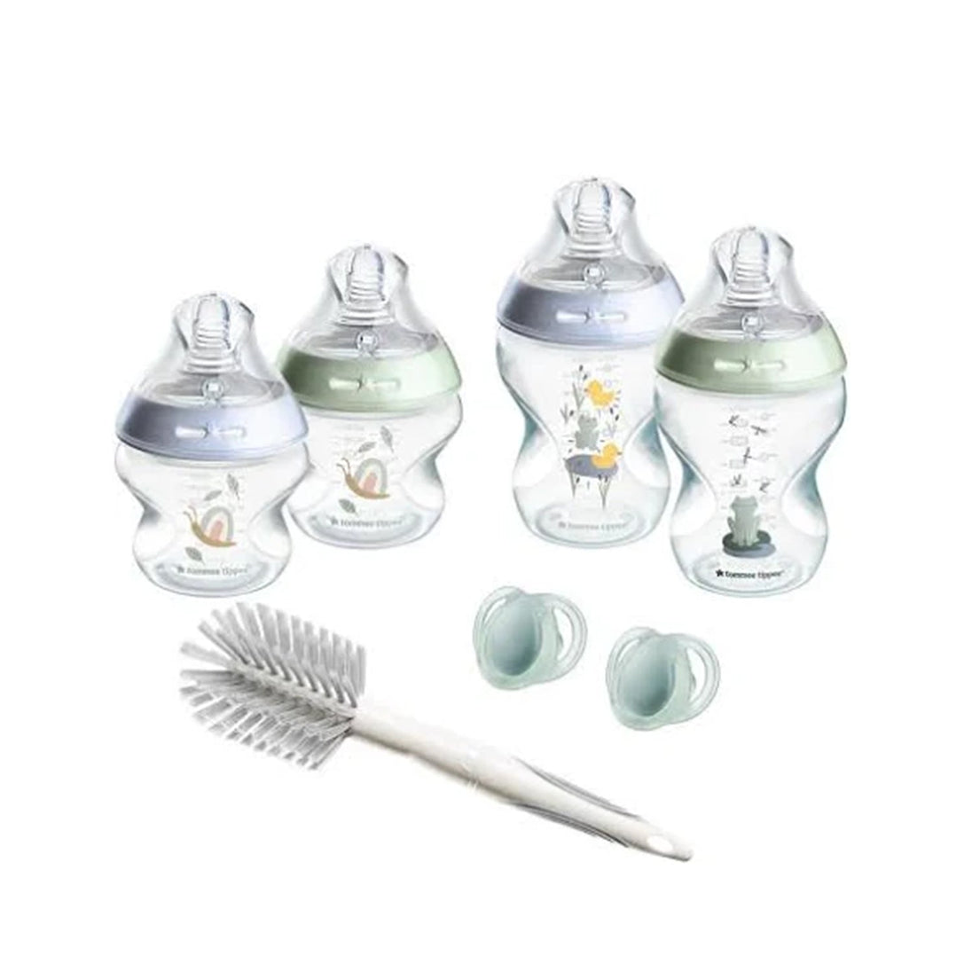Tommee Tippee Natural Start self-sterilising newborn bottle starter set with bottles, teats, soothers, and cleaning brush