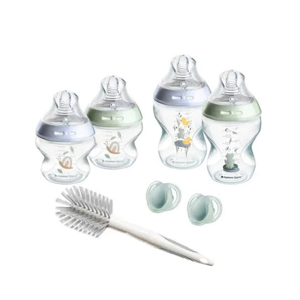 Tommee Tippee Natural Start self-sterilising newborn bottle starter set with bottles, teats, soothers, and cleaning brush