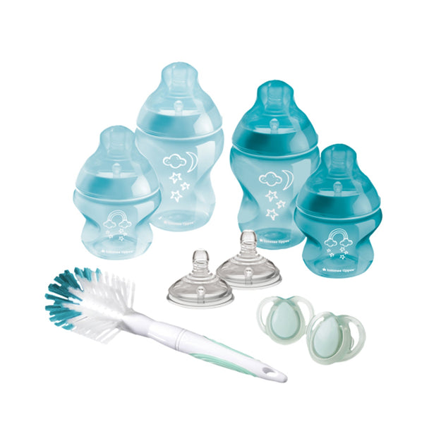 Tommee Tippee Newborn Starter Kit with bottles, medium-flow teats, soothers, and cleaning brush, BPA-free baby feeding essentials