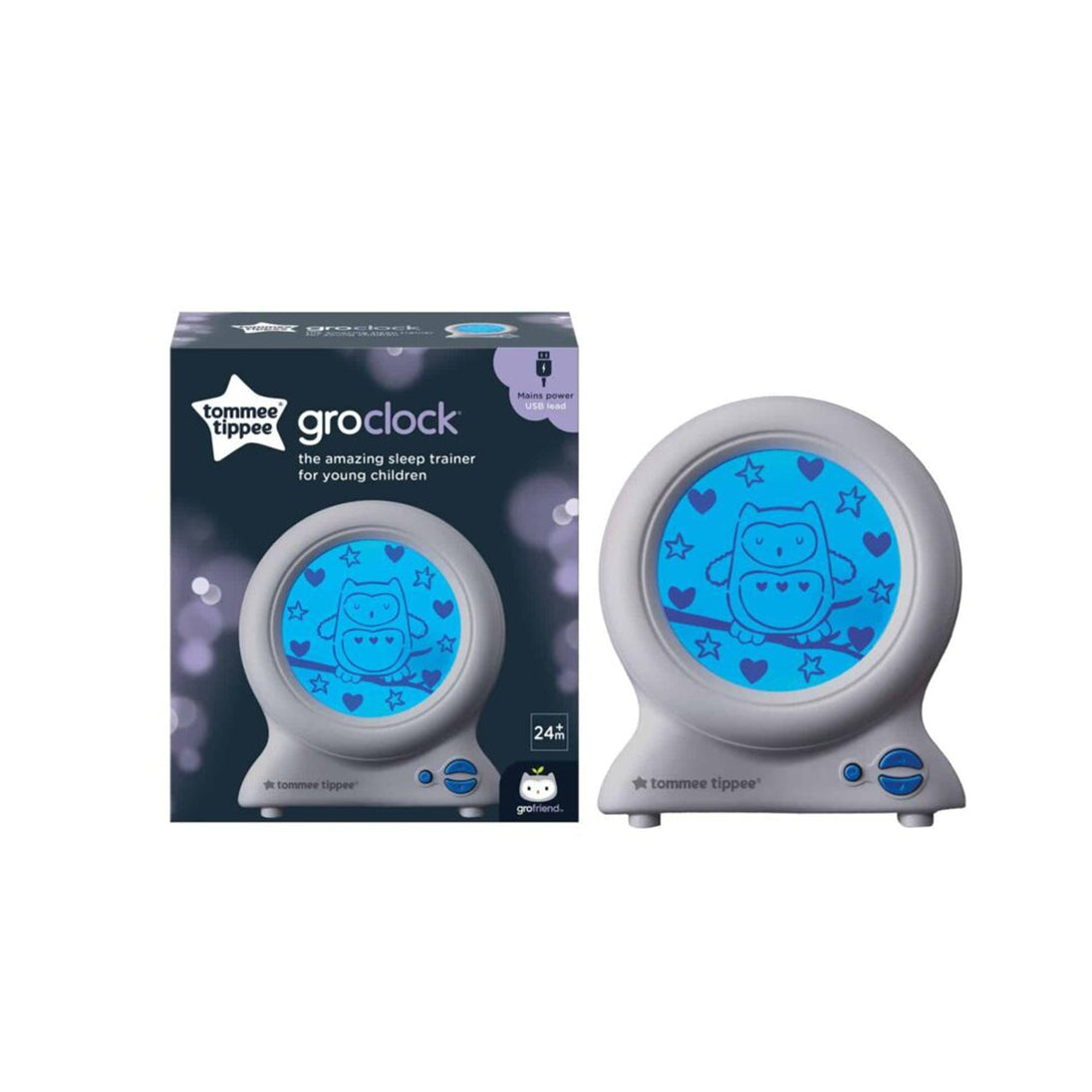 Tommee Tippee Groclock sleep trainer with color-coded owl display and adjustable brightness for toddlers