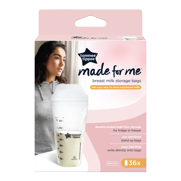 Tommee Tippee Made For Me Milk Storage Bags pack of 36 pre-sterilised BPA-free breast milk storage bags with double sealed leak-proof design and easy labeling features for fridge or freezer storage