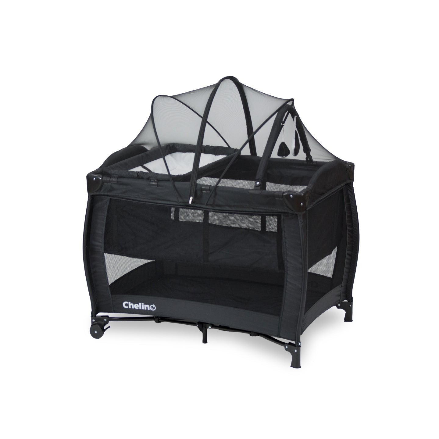Chelino Tommy Camp Cot black with mattress and breathable mesh sides for baby comfort
