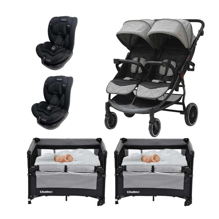 Duet Twin Stroller with Senna Car Seats and Mum & Me Camp Cots for twins, featuring side-by-side seating, versatile car seats, and portable baby cots.
