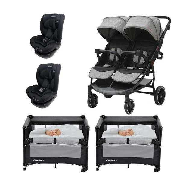 Duet Twin Stroller with Senna Car Seats and Mum & Me Camp Cots for twins, featuring side-by-side seating, versatile car seats, and portable baby cots.