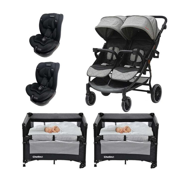 Duet Twin Stroller with Senna Car Seats and Mum & Me Camp Cots for twins, featuring side-by-side seating, versatile car seats, and portable baby cots.