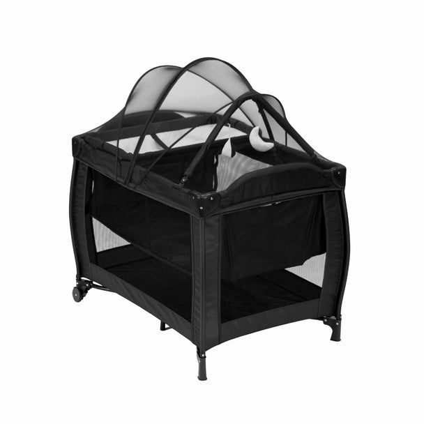 Black Chelino Tomy Camp Cot with mesh sides and canopy for infants and toddlers up to 3 years