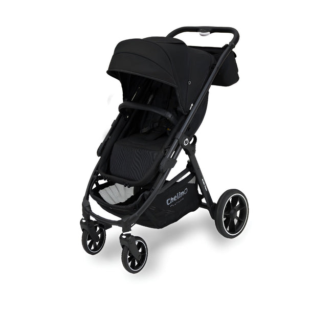 Black switchable wagon stroller with canopy and four wheels for infants and toddlers