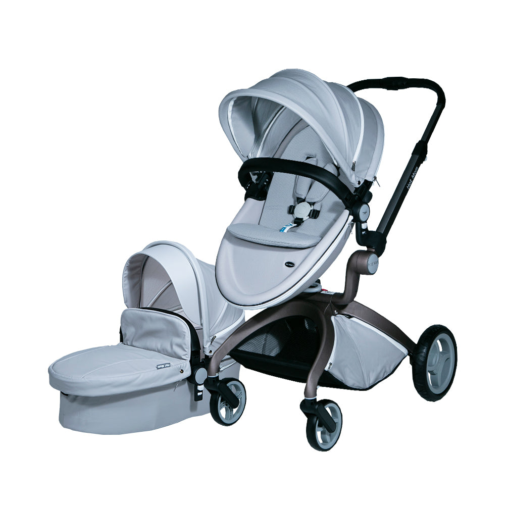 Luxury HotMom Cocoon White Stroller with reversible seat and bassinette.