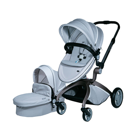 Luxury HotMom Cocoon White Stroller with reversible seat and bassinette.