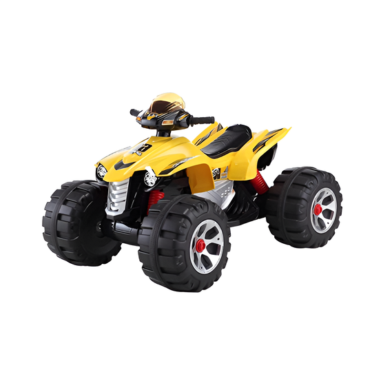 Yellow Quad Bike 12V ride-on car for kids, suitable from 3 years, durable design.