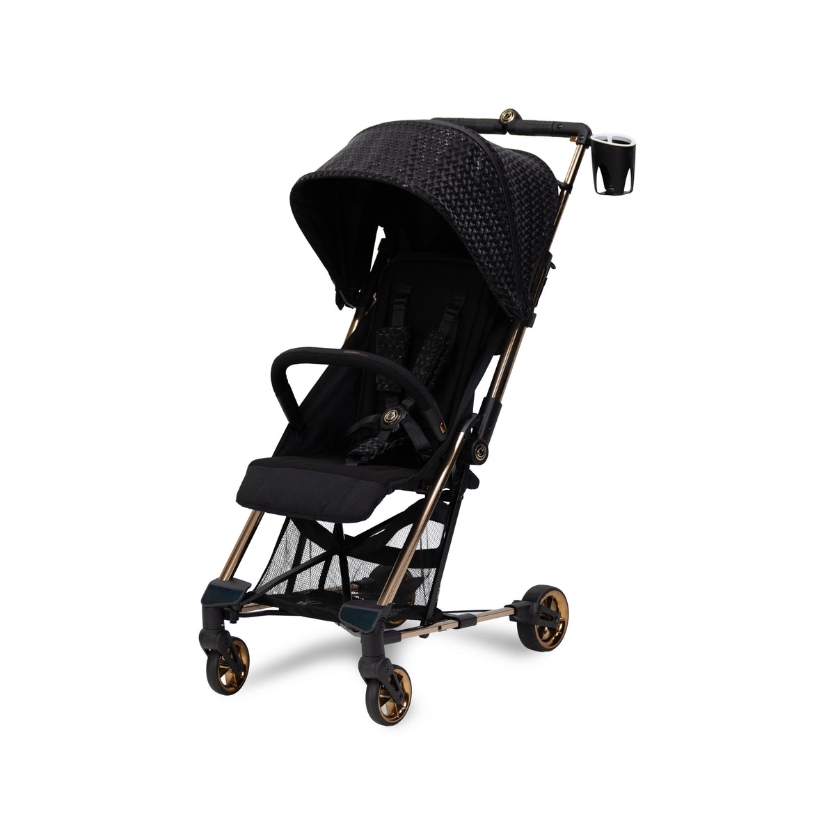 Zippy Stroller with a black woven canopy and seat, bronze metal frame, compact wheels, and cup holder.