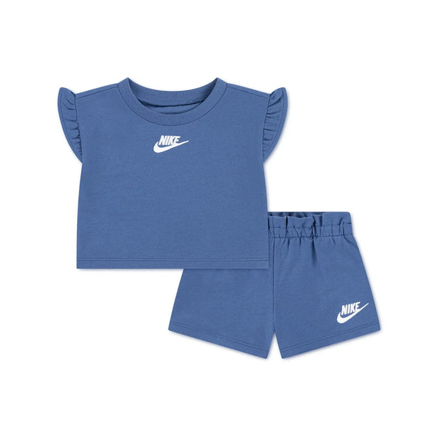Nike NKB Baby French Terry Set in Mystic Navy with cropped top and paperbag waist shorts