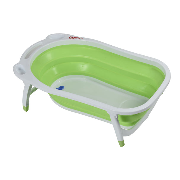 Compact green and white Chelino folding baby bath with foldable legs and built-in hang hook for easy storage and travel