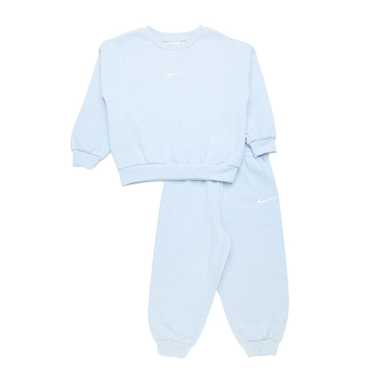 Nike NKN Essential Fleece Crew Set in Cobalt Bliss Heather with crewneck sweatshirt and joggers featuring Nike Swoosh logo