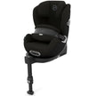 Black fabric Aton B2 car seat with padded headrest, adjustable impact shield, contoured sides and support leg.