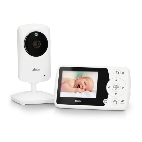 Alecto DVM-64 video baby monitor with 2.4-inch color display in white, featuring camera and parent unit.