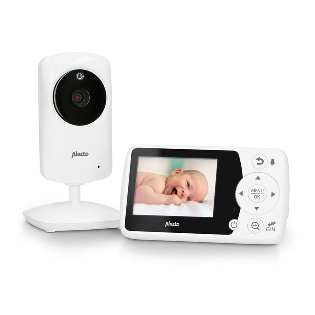 Alecto DVM-64 white video baby monitor with 2.4-inch color display and baby unit camera showing baby image