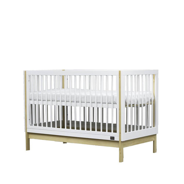 White and wood Georgina 4 in 1 Cot with adjustable modes for babies and toddlers.