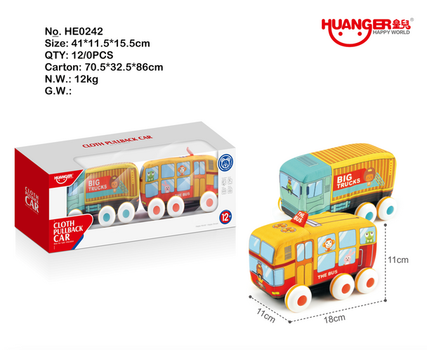 Pullback Cloth Car Bus and Truck Toy Set for Toddlers