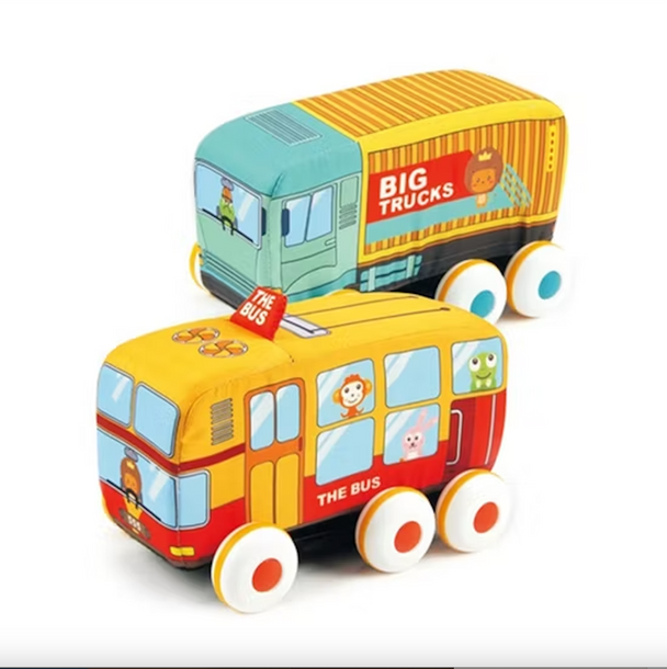 Pullback cloth car bus and truck toy set for toddlers.
