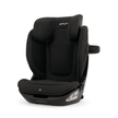 Booster car seat in black fabric with padded headrest, armrests, side-impact protection pod, and NUNA ARRA™ flex styling.