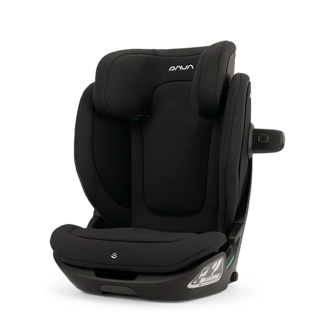 Booster car seat in black fabric with padded headrest, armrests, side-impact protection pod, and NUNA ARRA™ flex styling.