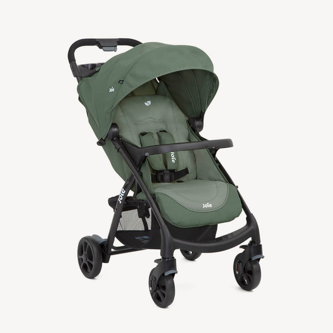Joie Muze™ lx stroller in sage green fabric with a matching canopy, padded seat, black frame and harness