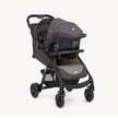 Joie Muze™ lx travel system with dark grey fabric stroller, black frame and matching infant car seat with canopy
