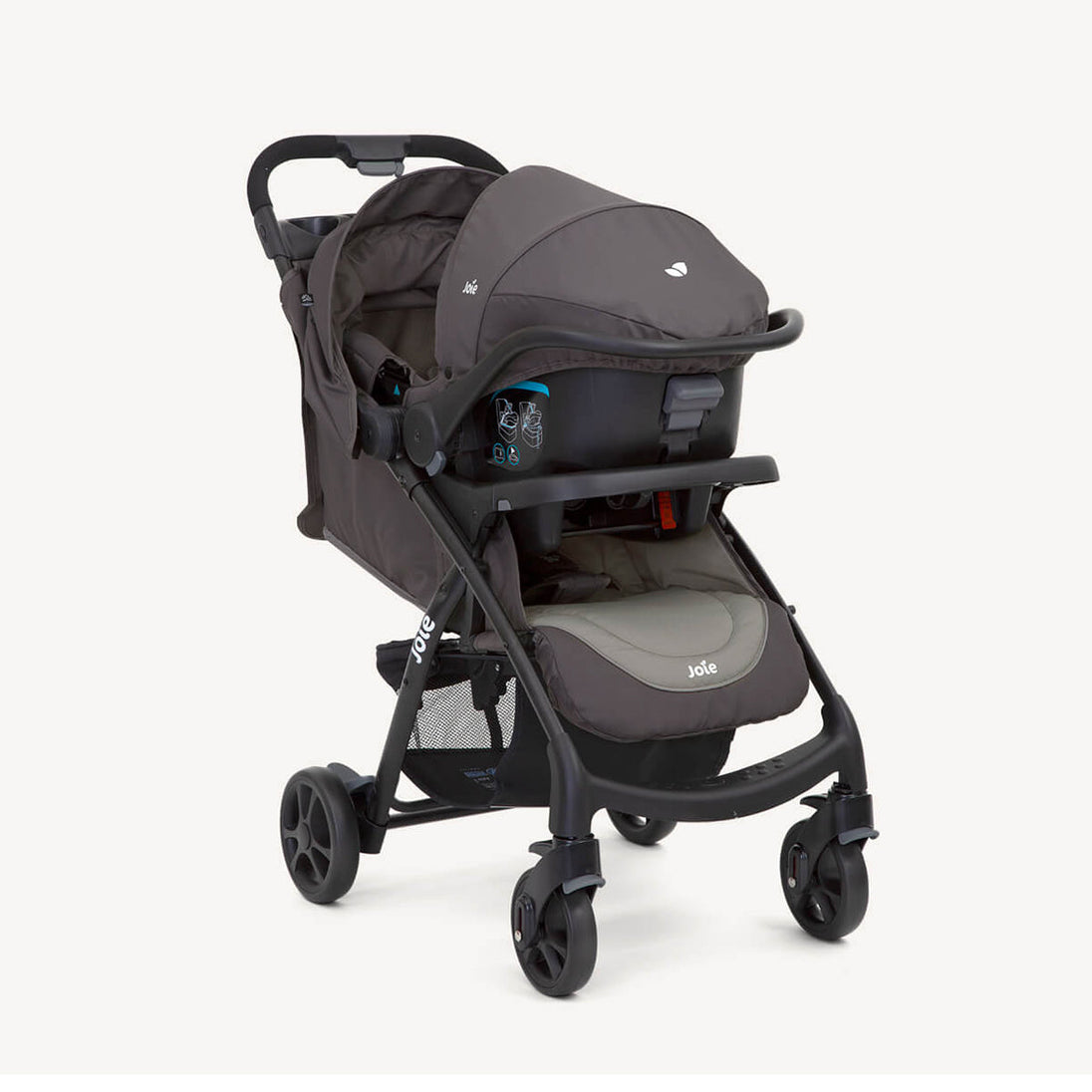 Joie Muze™ lx travel system with dark grey fabric stroller, black frame and matching infant car seat with canopy