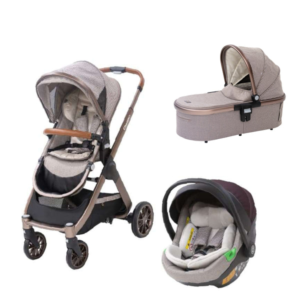 Lunar Rose Gold 3 in 1 Travel System II with car seat and bassinet, showcasing style and practicality.