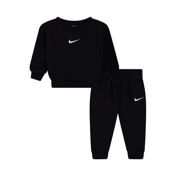 Nike NKN Essential Fleece Crew Set black cotton-blend sweatshirt and joggers with Nike Swoosh logo