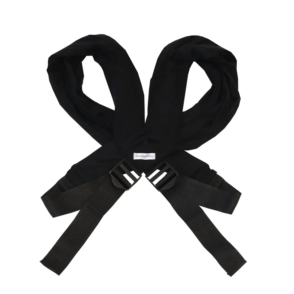 SnuggleRoo Baby Carrier in black fabric with broad shoulder loops, adjustable straps and plastic buckles.