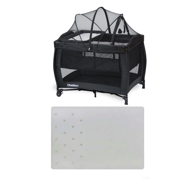 Chelino Tommy Camp Cot black with mattress and breathable mesh sides for baby comfort