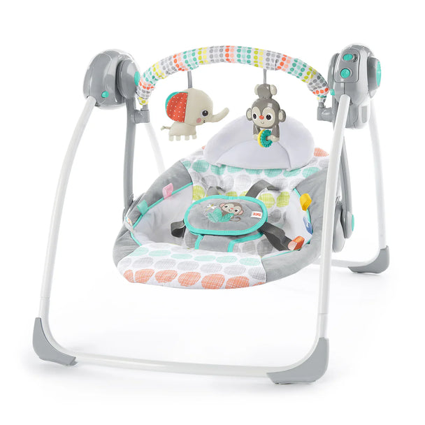 Bright Starts Whimsical Wild Portable Swing with toys, 2 recline positions, 6 speeds, and soothing melodies for newborns to 9 months.
